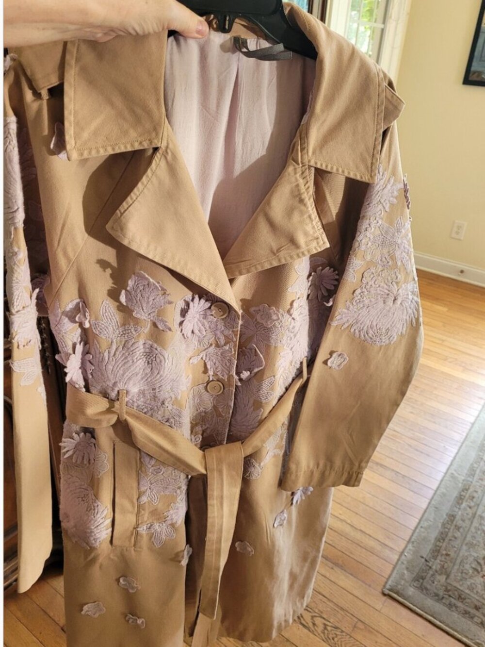 Anthropologie Cotton Embroidered Floral Belted Side Pockets Trench Coat size S - Picture 9 of 10